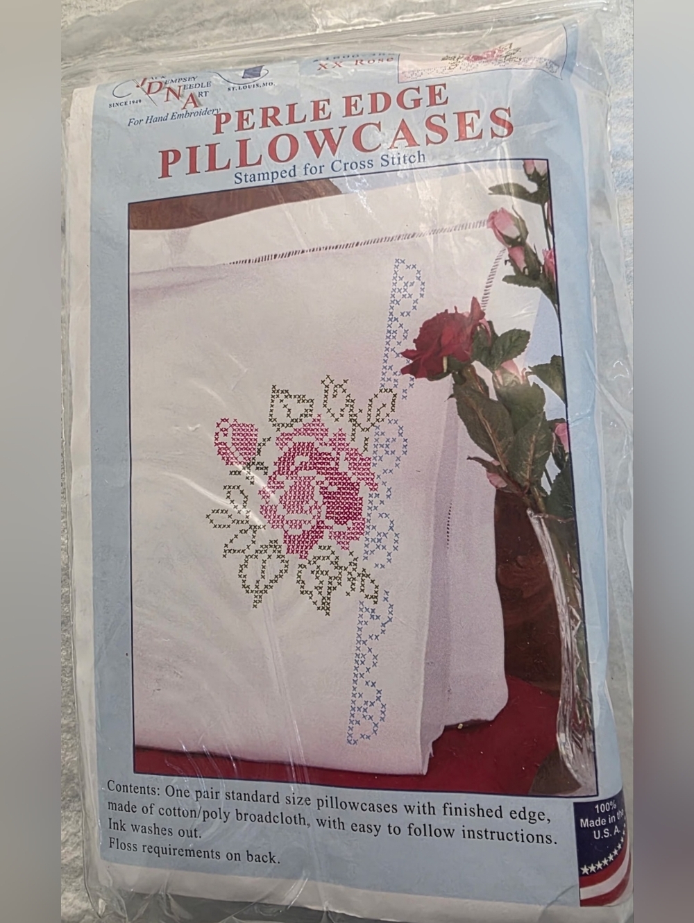 Rose Floral Perle Edge Pillowcases Stamped for Cross Stitch With Floss